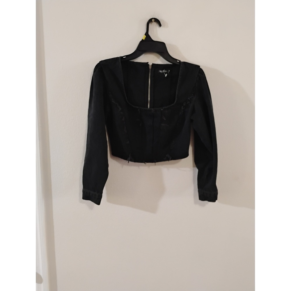 Nasty Gal Collection Black Denim Corset Crop Top Long Sleeve Exposed Zipper US 8